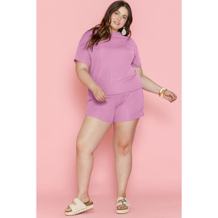 Plus Size Round Neck Short Sleeve Top and Shorts Set Apparel and Accessories