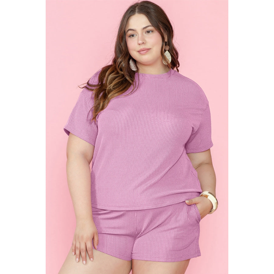 Plus Size Round Neck Short Sleeve Top and Shorts Set Apparel and Accessories