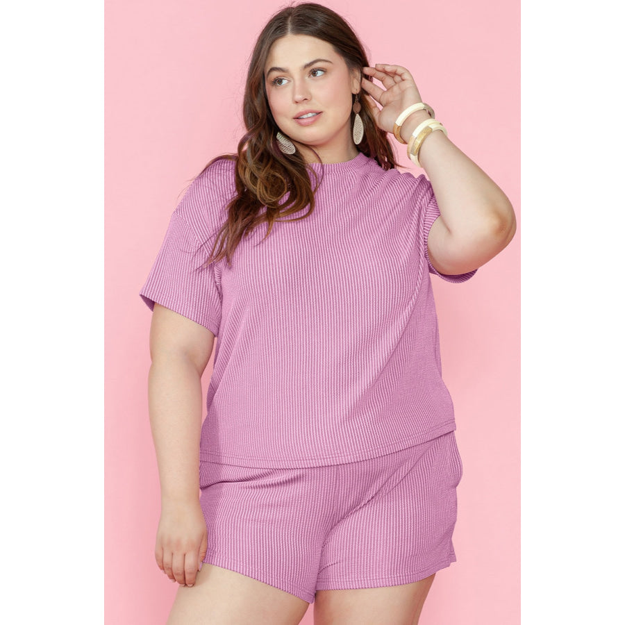 Plus Size Round Neck Short Sleeve Top and Shorts Set Pink / 1XL Apparel and Accessories