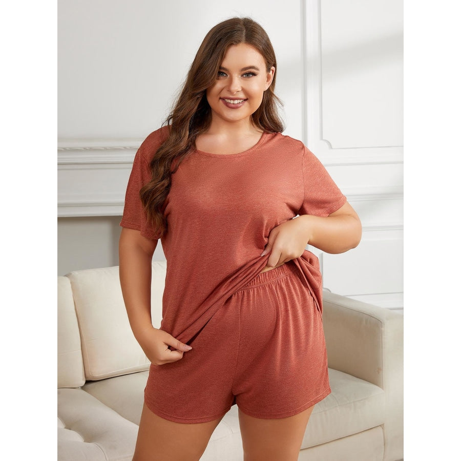 Plus Size Round Neck Short Sleeve Two-Piece Loungewear Set Brick Red / 0XL