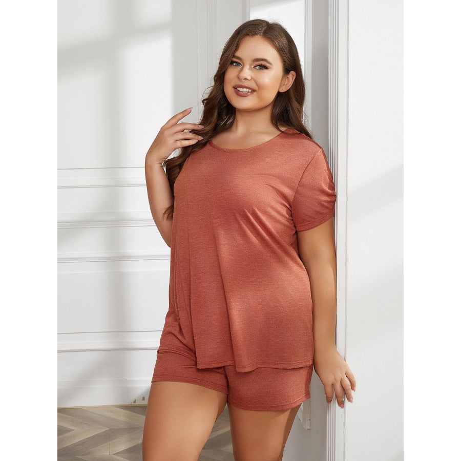 Plus Size Round Neck Short Sleeve Two-Piece Loungewear Set