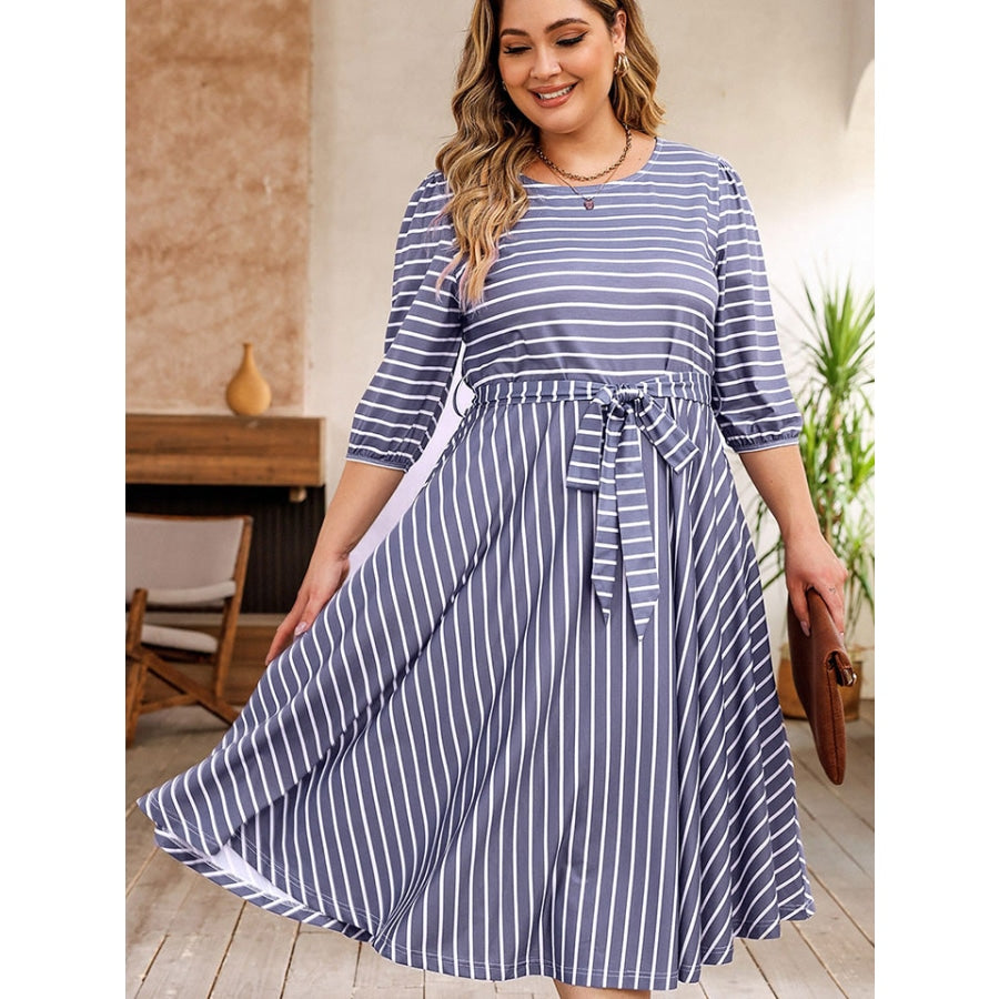 Plus Size Round Neck Striped Tie Waist Dress Misty Blue / 1XL