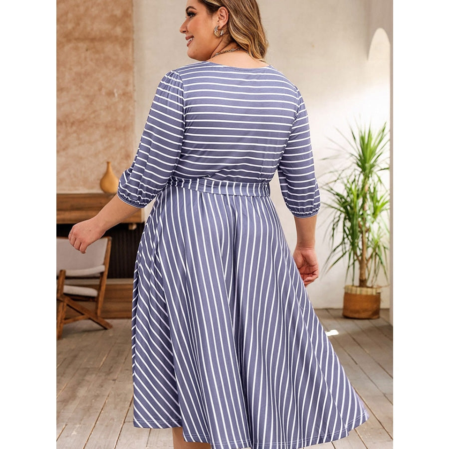 Plus Size Round Neck Striped Tie Waist Dress Misty Blue / 1XL