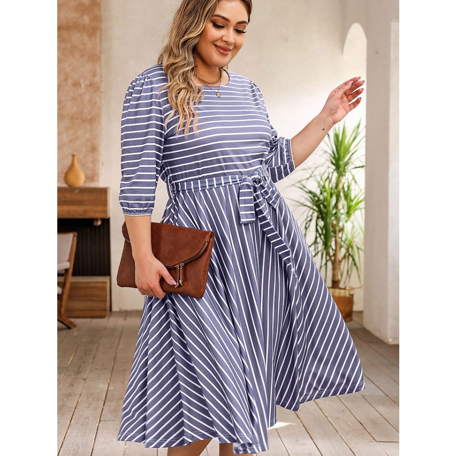 Plus Size Round Neck Striped Tie Waist Dress