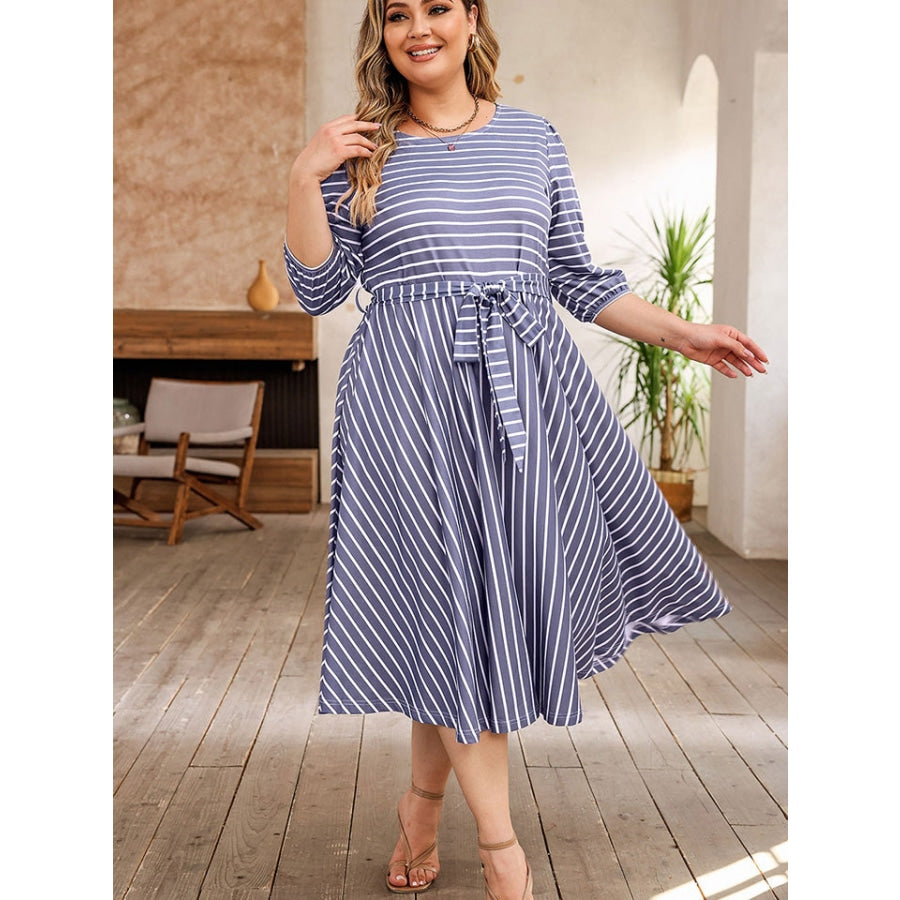 Plus Size Round Neck Striped Tie Waist Dress