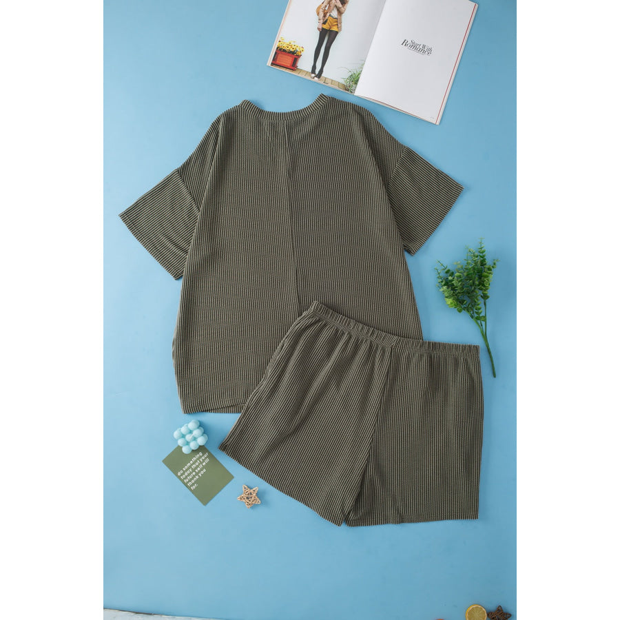 Plus Size Round Neck Top and Pocketed Shorts Set Dark Gray / 1X Apparel and Accessories
