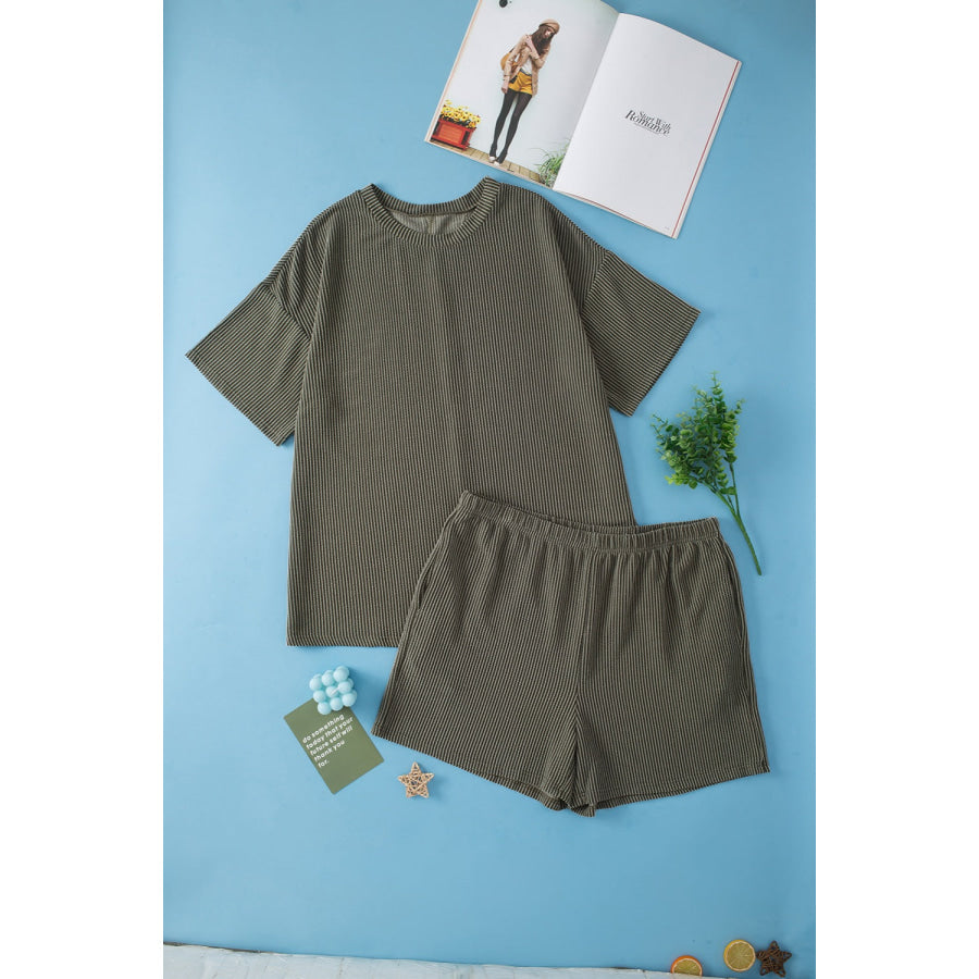 Plus Size Round Neck Top and Pocketed Shorts Set Dark Gray / 1X Apparel and Accessories