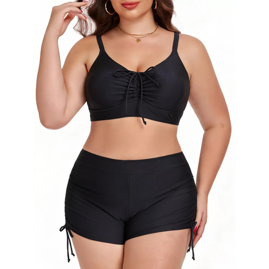 Plus Size Ruched Drawstring Swim Set Black / L Apparel and Accessories