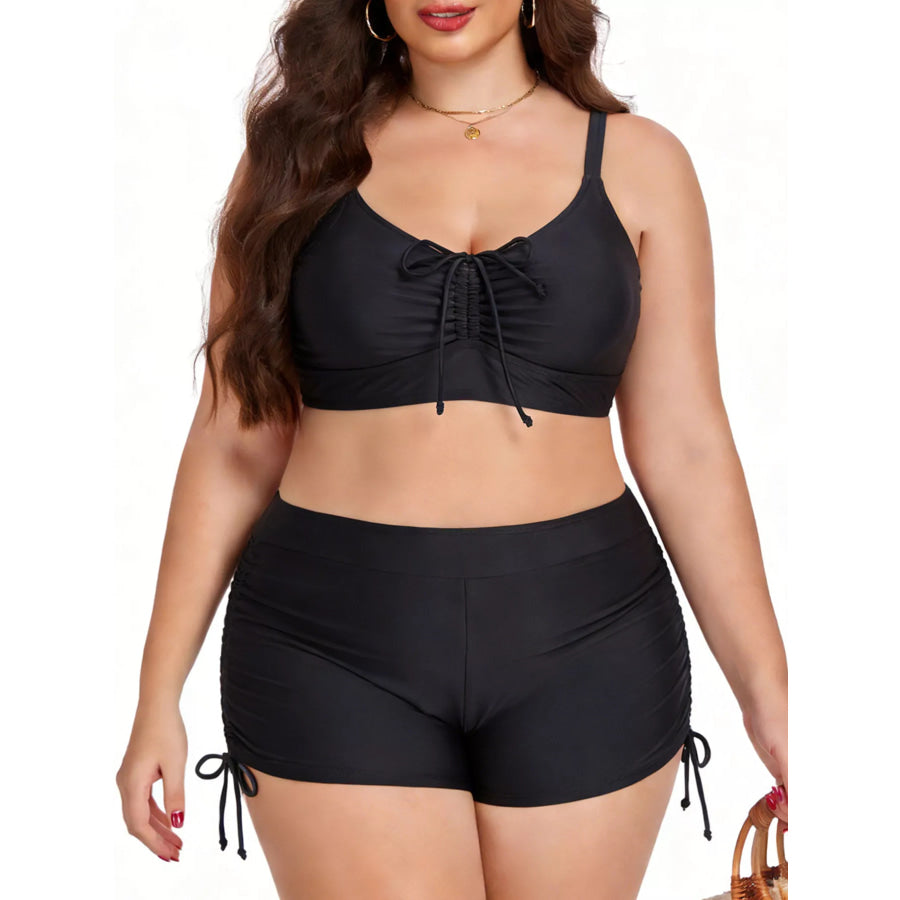 Plus Size Ruched Drawstring Swim Set Black / L Apparel and Accessories