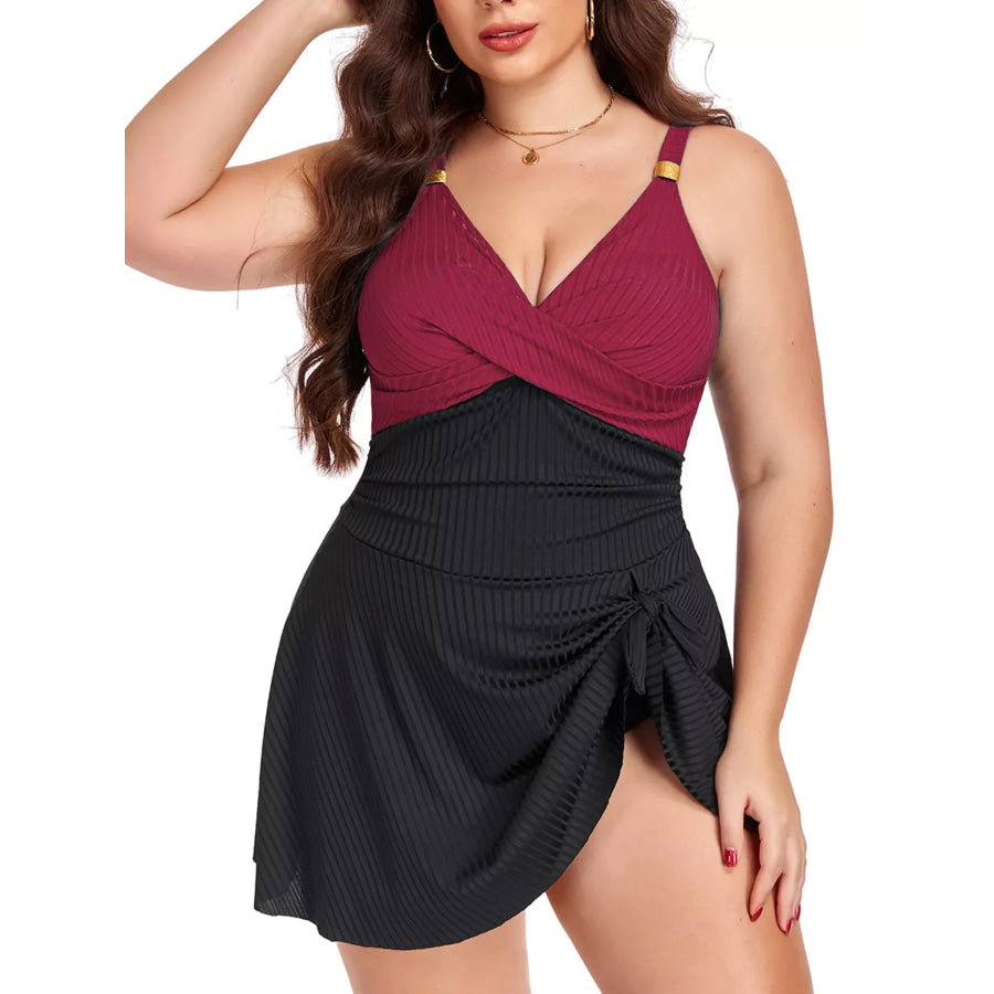 Plus Size Ruched One-Piece Swim Dress Black + Burgundy / L Apparel and Accessories