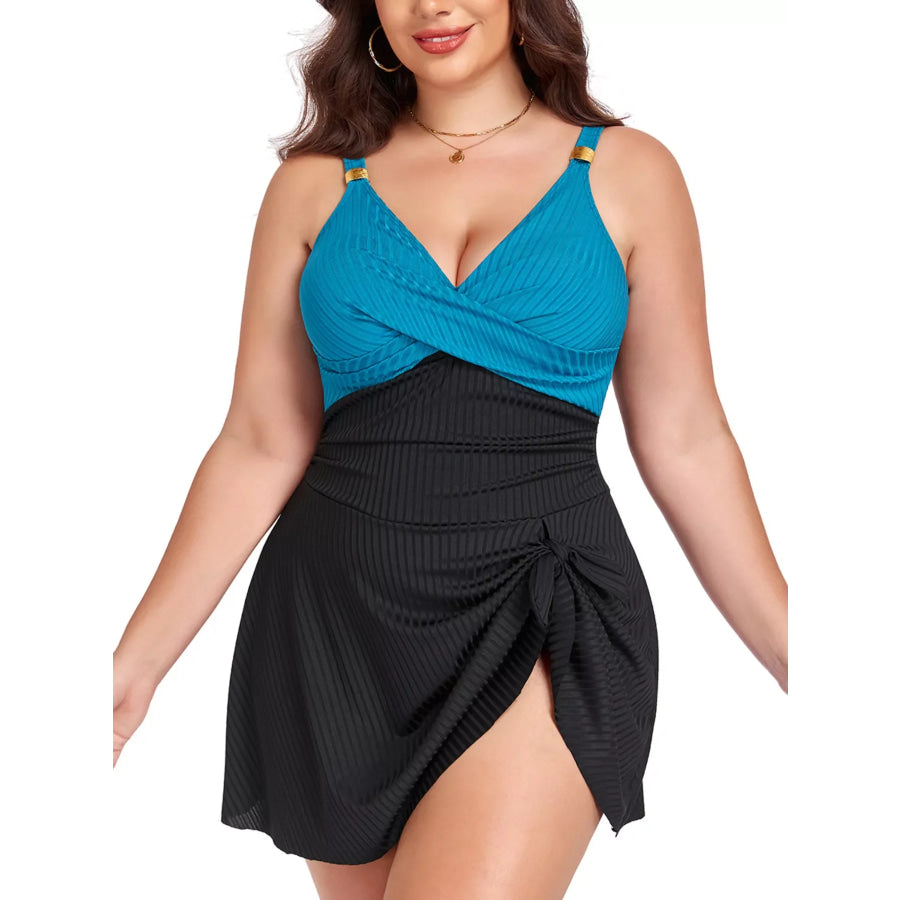 Plus Size Ruched One-Piece Swim Dress Black + Peacock Green / L Apparel and Accessories