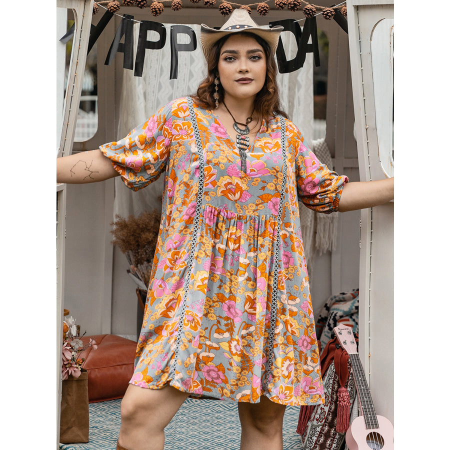 Plus Size Ruched Printed Half Sleeve Mini Dress Apparel and Accessories