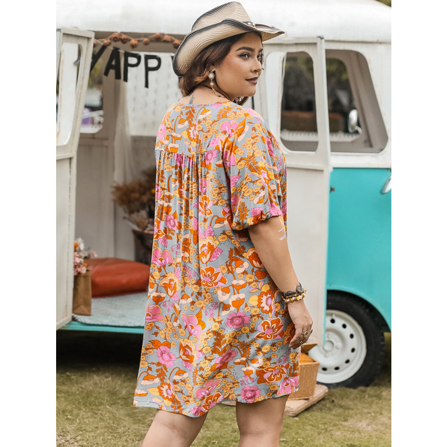 Plus Size Ruched Printed Half Sleeve Mini Dress Apparel and Accessories