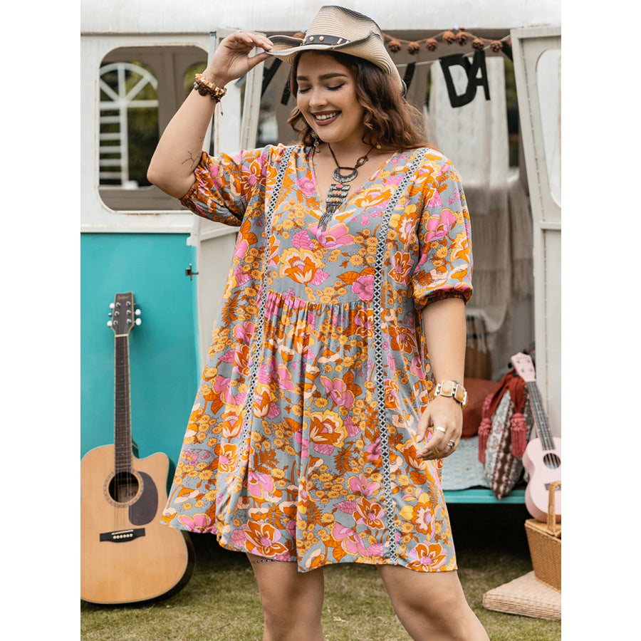 Plus Size Ruched Printed Half Sleeve Mini Dress Multicolor / 1XL Apparel and Accessories