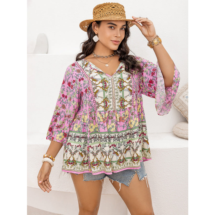 Plus Size Ruched Printed Tie Neck Three-Quarter Sleeve Blouse Apparel and Accessories