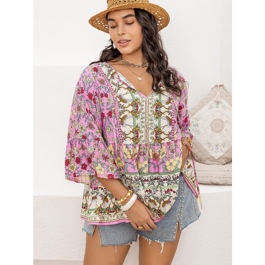 Plus Size Ruched Printed Tie Neck Three-Quarter Sleeve Blouse Apparel and Accessories