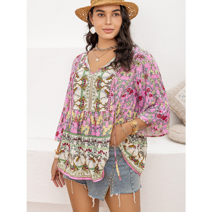 Plus Size Ruched Printed Tie Neck Three-Quarter Sleeve Blouse Apparel and Accessories