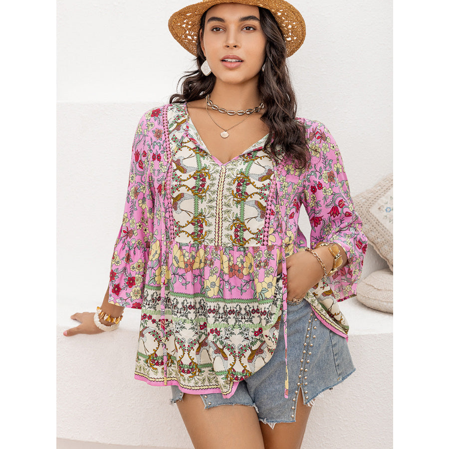 Plus Size Ruched Printed Tie Neck Three-Quarter Sleeve Blouse Pink / 0XL Apparel and Accessories