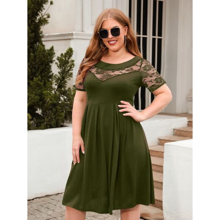 Plus Size Ruched Round Neck Short Sleeve Dress Army Green / 1XL Apparel and Accessories