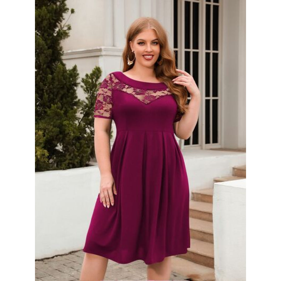 Plus Size Ruched Round Neck Short Sleeve Dress Deep Rose / 1XL Apparel and Accessories