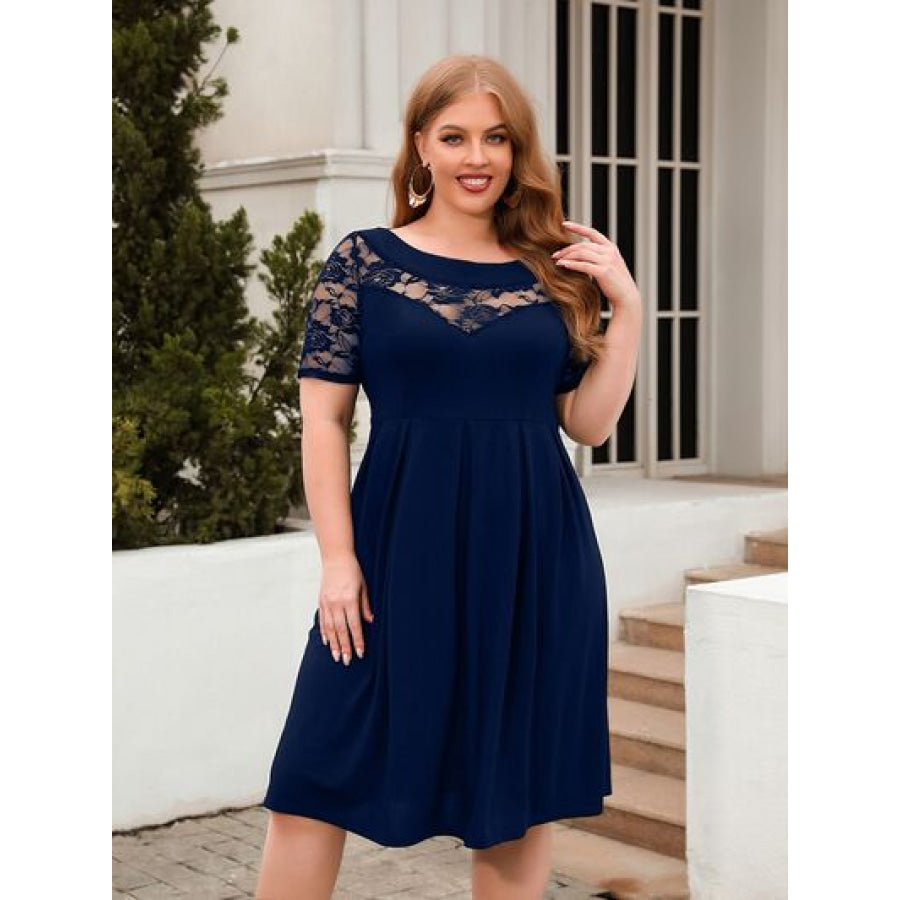 Plus Size Ruched Round Neck Short Sleeve Dress Navy / 1XL Apparel and Accessories