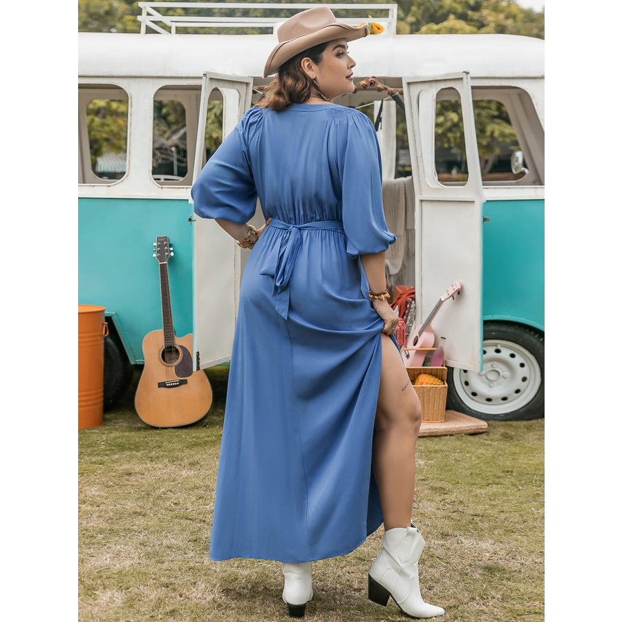 Plus Size Ruched Slit Three-Quarter Sleeve Midi Dress Apparel and Accessories