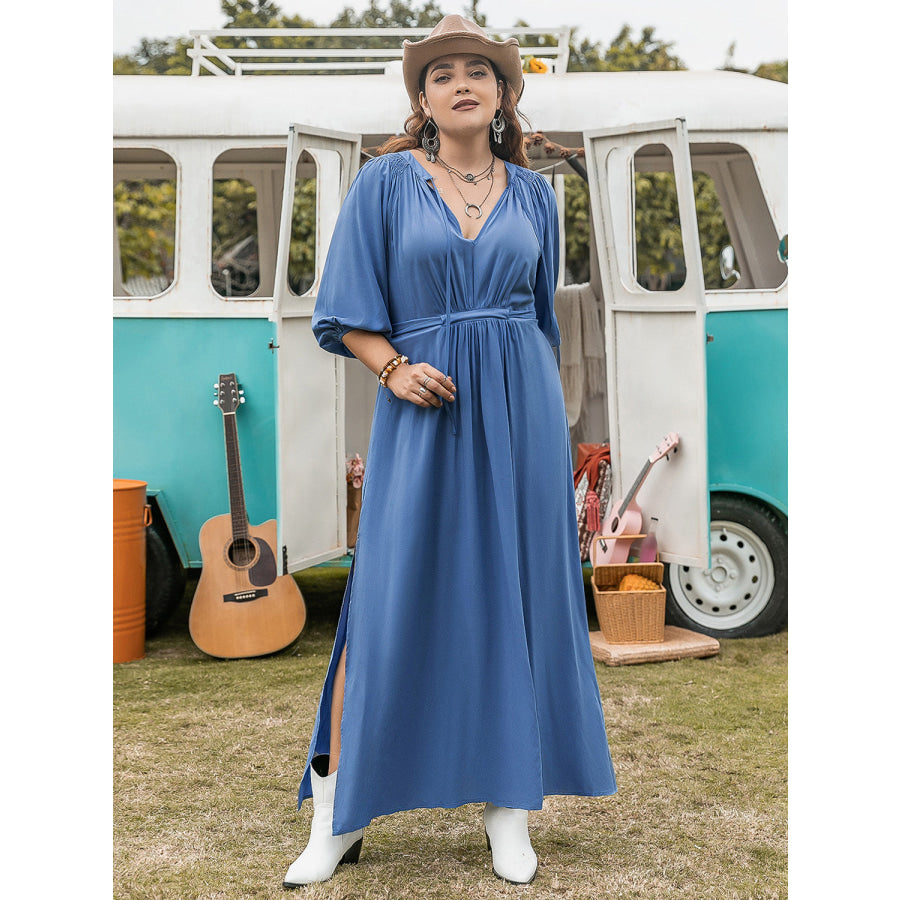 Plus Size Ruched Slit Three-Quarter Sleeve Midi Dress Apparel and Accessories