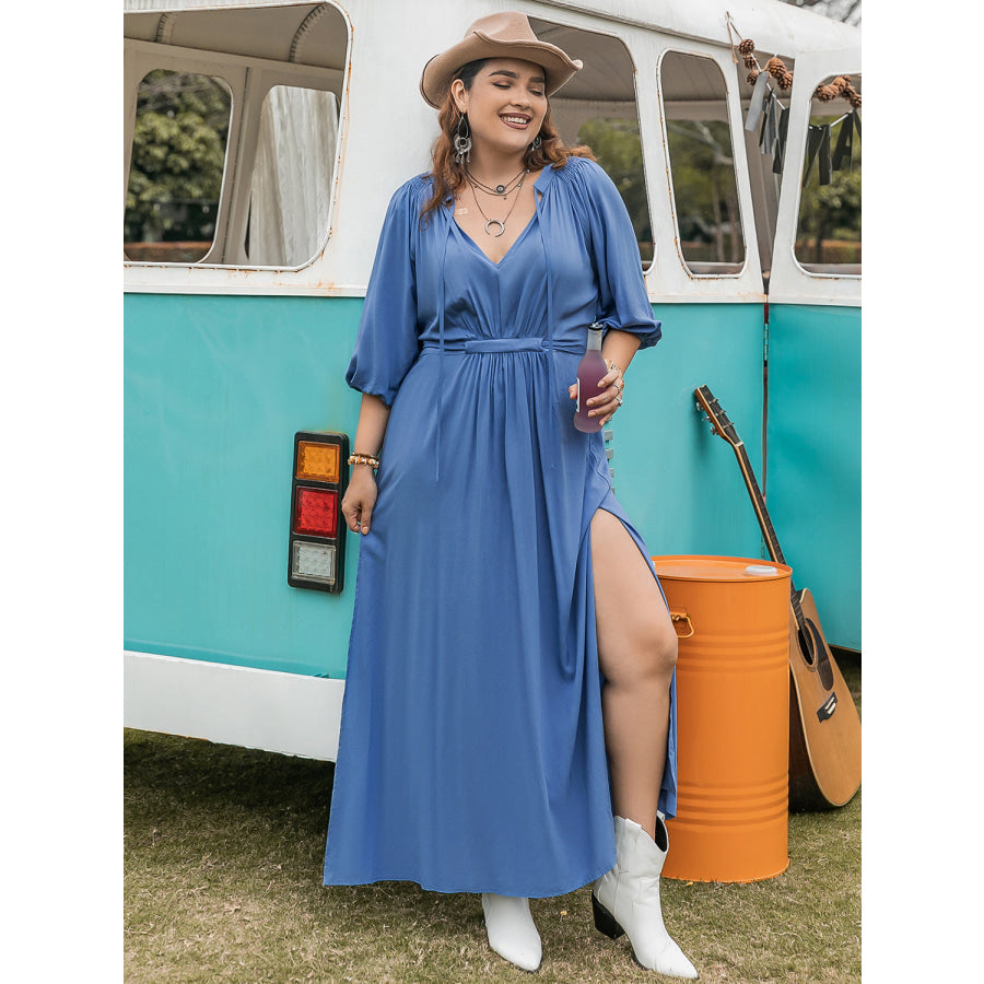 Plus Size Ruched Slit Three-Quarter Sleeve Midi Dress Blue / 0XL Apparel and Accessories