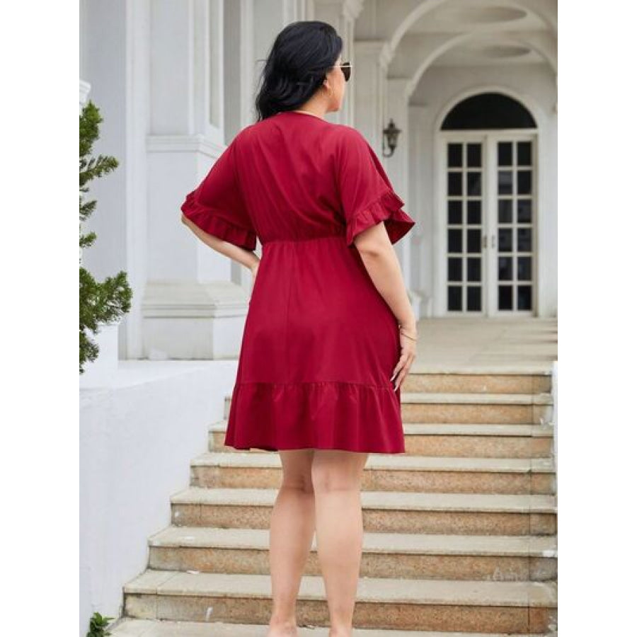 Plus Size Ruched Surplice Flounce Sleeve Mini Dress Apparel and Accessories