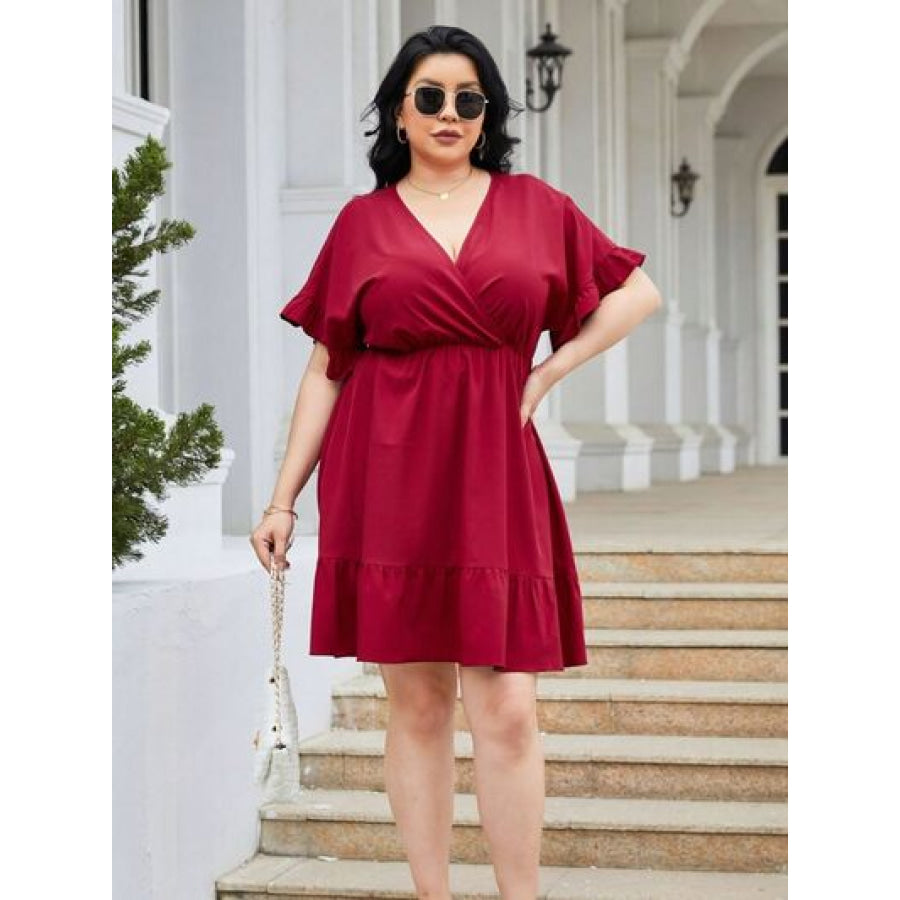 Plus Size Ruched Surplice Flounce Sleeve Mini Dress Apparel and Accessories