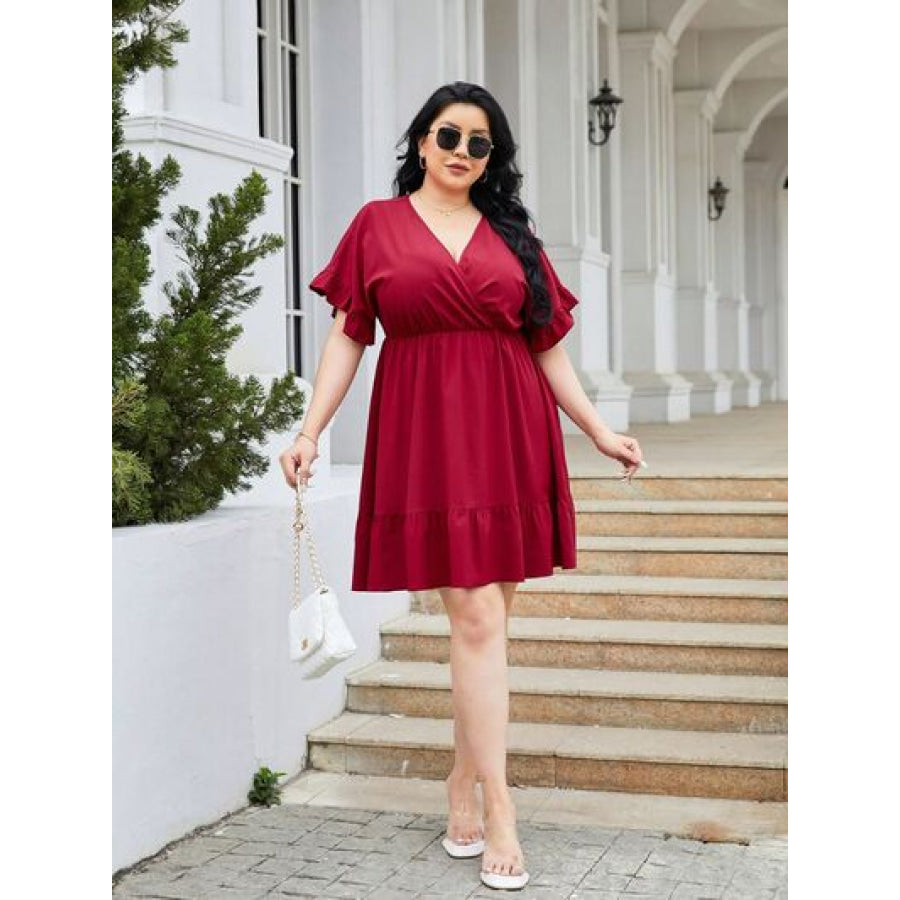 Plus Size Ruched Surplice Flounce Sleeve Mini Dress Apparel and Accessories