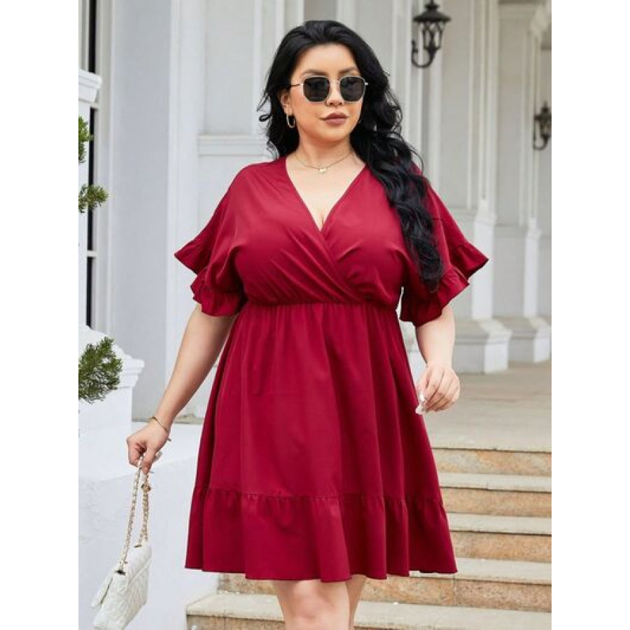 Plus Size Ruched Surplice Flounce Sleeve Mini Dress Deep Red / 1XL Apparel and Accessories