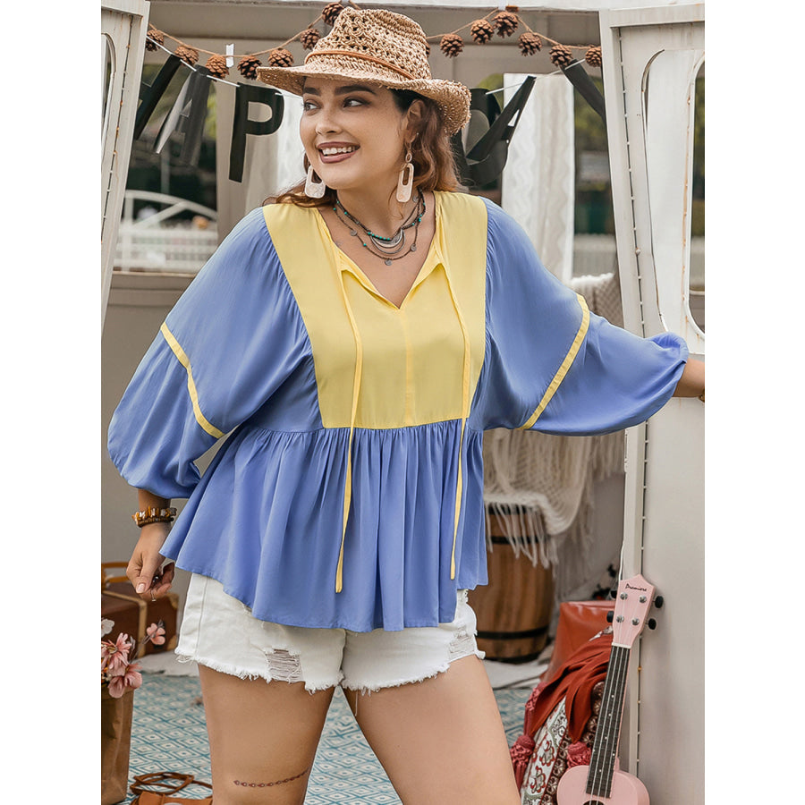 Plus Size Ruched Tie Neck Balloon Sleeve Blouse Apparel and Accessories