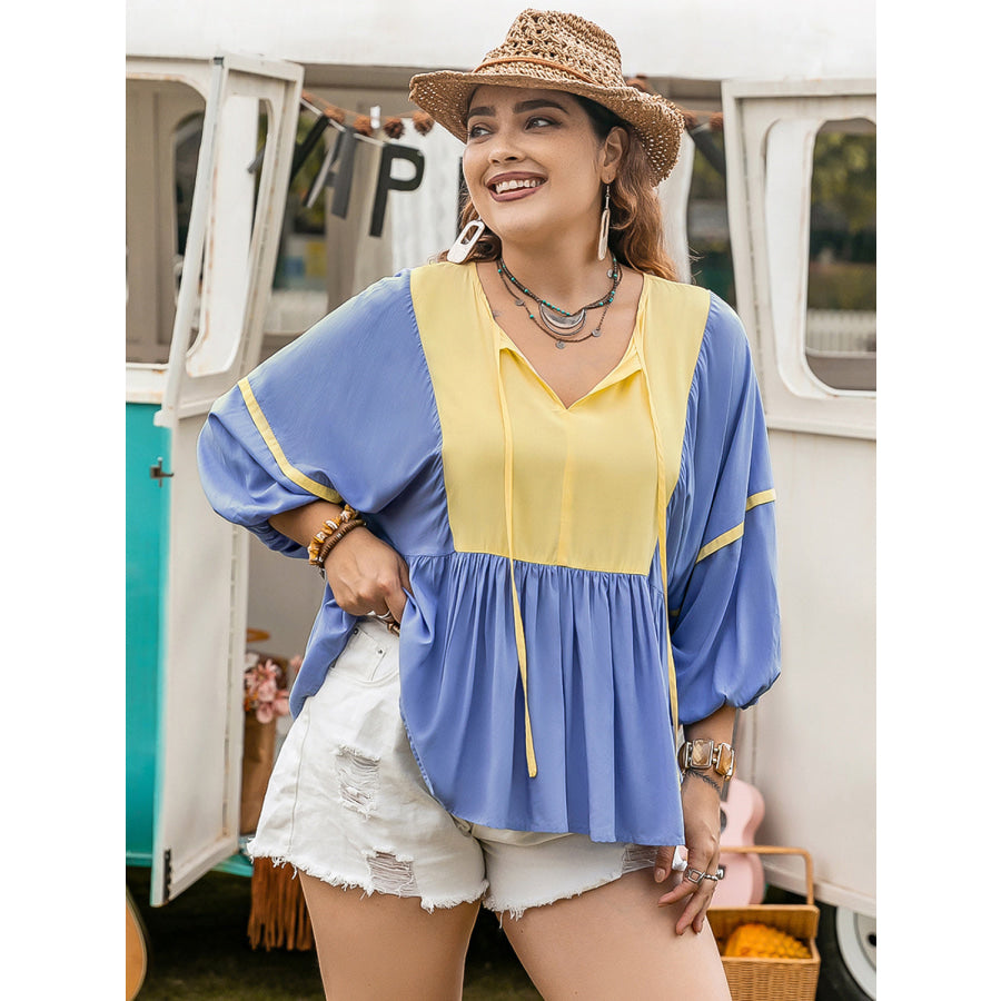 Plus Size Ruched Tie Neck Balloon Sleeve Blouse Light Blue / 0XL Apparel and Accessories