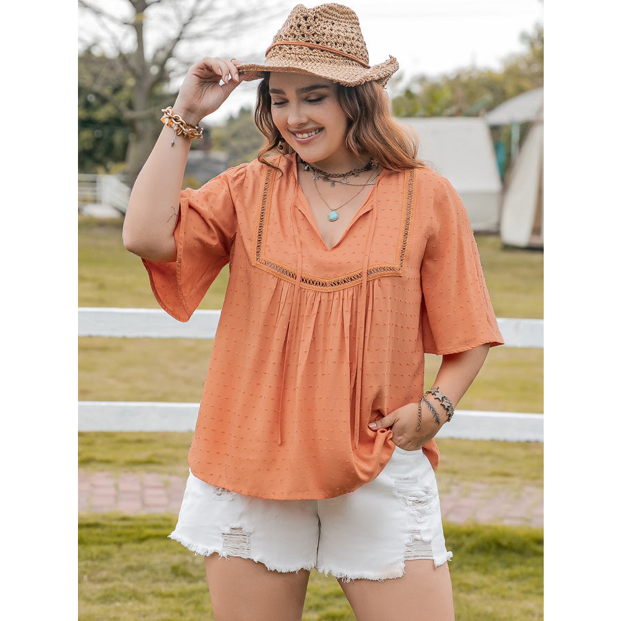 Plus Size Ruched Tie Neck Half Sleeve Blouse Shirts &amp; Tops