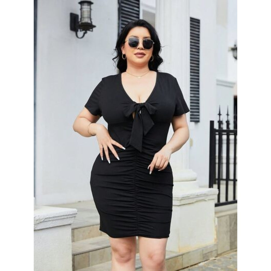 Plus Size Ruched Tied Short Sleeve Mini Dress Apparel and Accessories