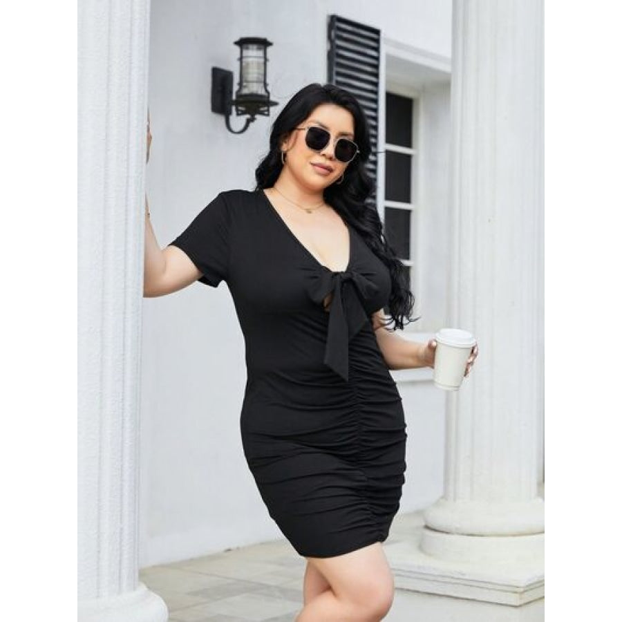 Plus Size Ruched Tied Short Sleeve Mini Dress Apparel and Accessories