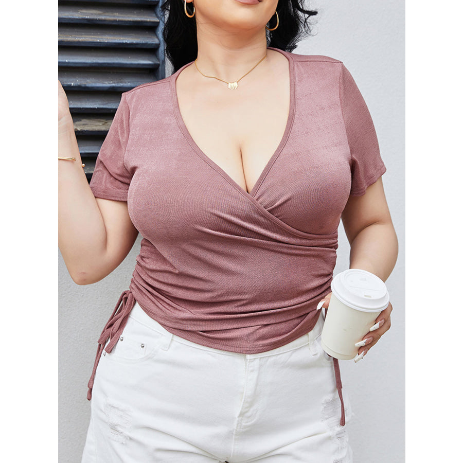 Plus Size Ruched Tied Surplice Blouse Apparel and Accessories