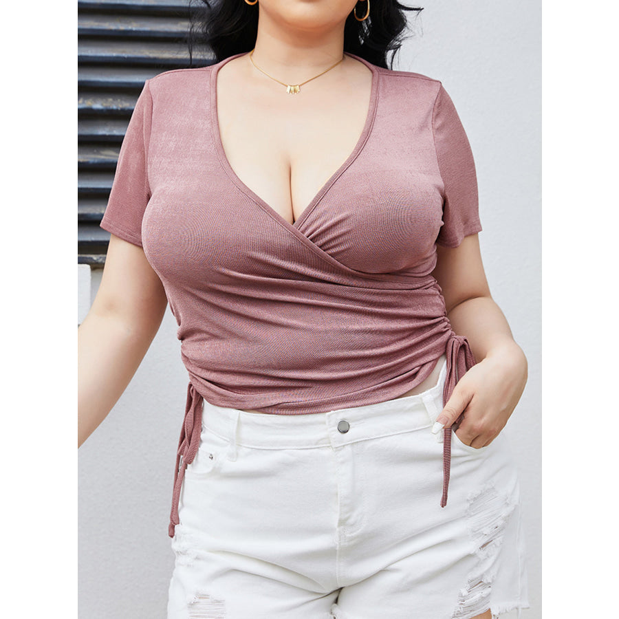 Plus Size Ruched Tied Surplice Blouse Apparel and Accessories