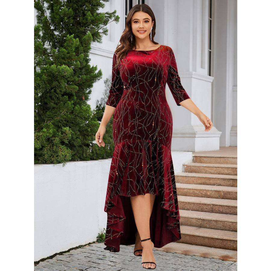 Plus Size Ruffle Hem High-Low Dress Burgundy / 1XL Apparel and Accessories