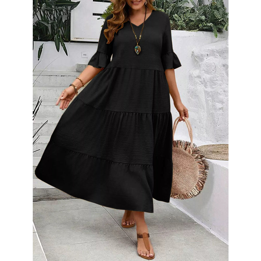 Plus Size Ruffle Sleeves Tiered Midi Dress Apparel and Accessories