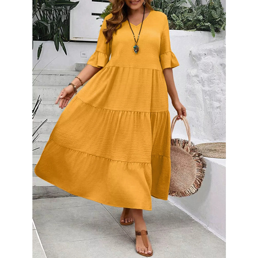 Plus Size Ruffle Sleeves Tiered Midi Dress Apparel and Accessories