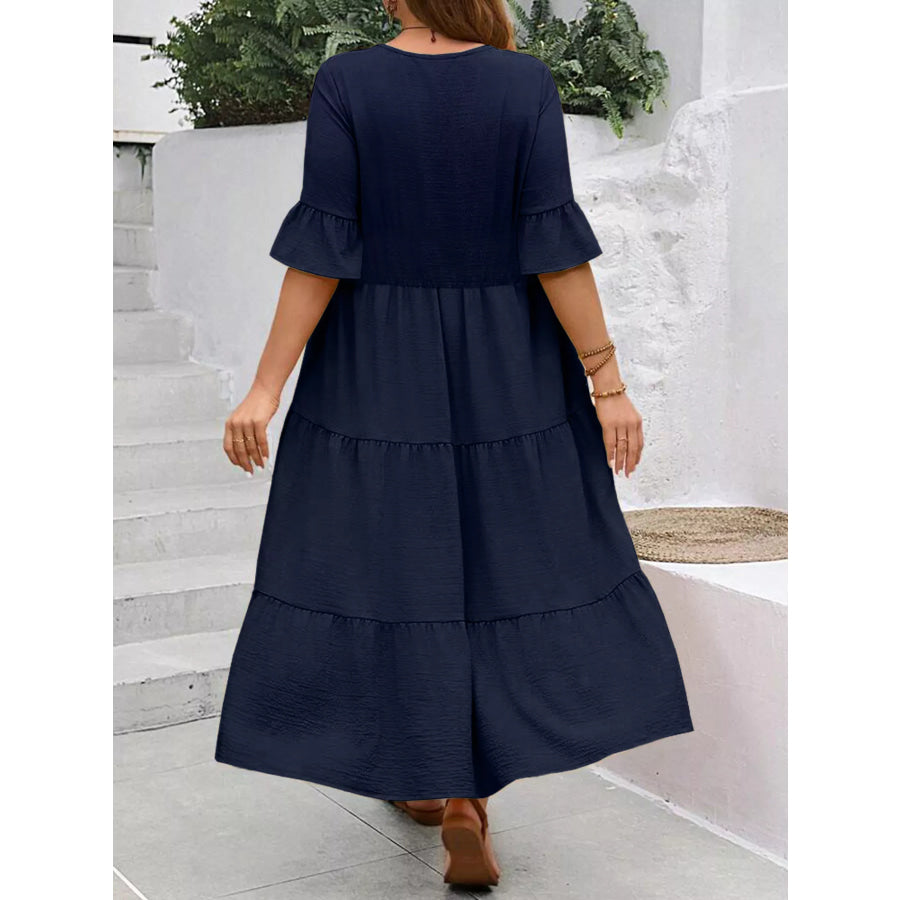 Plus Size Ruffle Sleeves Tiered Midi Dress Apparel and Accessories