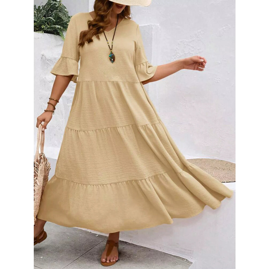 Plus Size Ruffle Sleeves Tiered Midi Dress Apparel and Accessories