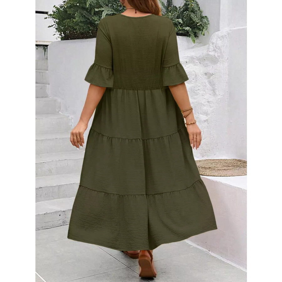 Plus Size Ruffle Sleeves Tiered Midi Dress Apparel and Accessories