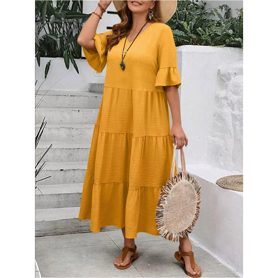 Plus Size Ruffle Sleeves Tiered Midi Dress Apparel and Accessories