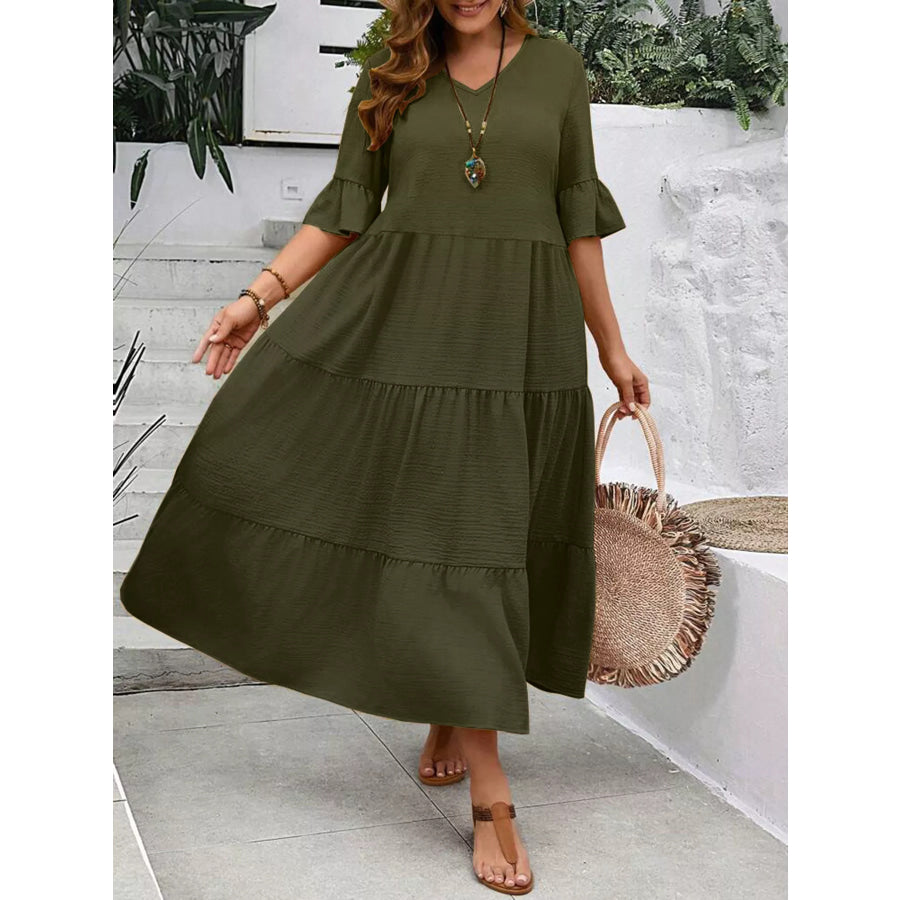 Plus Size Ruffle Sleeves Tiered Midi Dress Apparel and Accessories