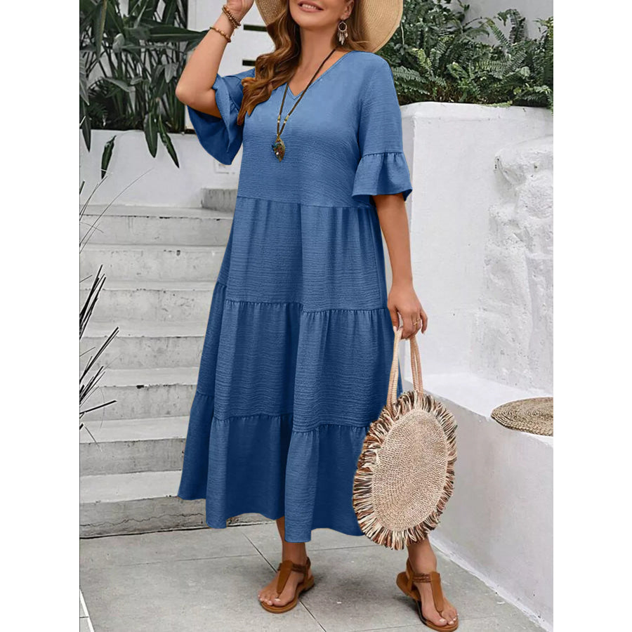 Plus Size Ruffle Sleeves Tiered Midi Dress Apparel and Accessories