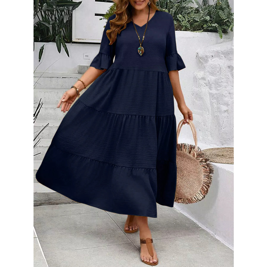 Plus Size Ruffle Sleeves Tiered Midi Dress Apparel and Accessories
