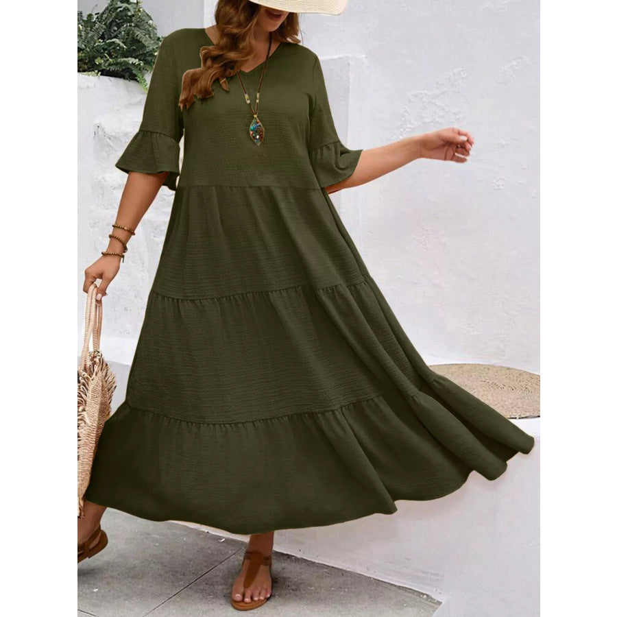 Plus Size Ruffle Sleeves Tiered Midi Dress Apparel and Accessories